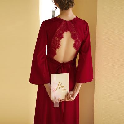 China Autumn Red Pajamas Women Silk Nightgown Ice Bridesmaid Dress Morning Sleepwear Breathable Spring Wedding Sleepwear for sale