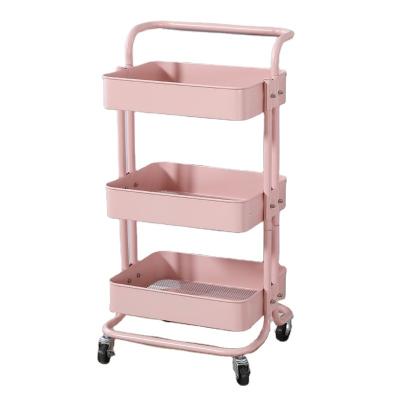 China 3 Tier Metal Trolley Pink Mesh Cart With Lock Pink Sustainable Rolling Service Cart With Handle For Office Kitchen Bar for sale