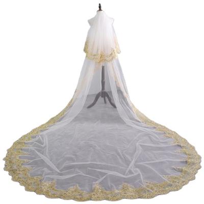 China Gold High Quality Lace Edge Low Price Chapel Length Cathedral Wedding Veil Bridal Veil for sale