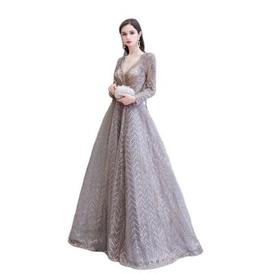 China Anti-Static Competitive Price Finely Processed Women Lady Evening High Grade Lace V-Neckline Elegant Long Sleeve Dress for sale