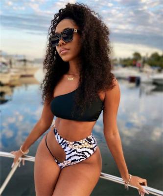 China 2021 New Arrival Size One Leopard Print Swimwear Breathable Wavy Women High Shoulder 2 Piece Bikini Set for sale