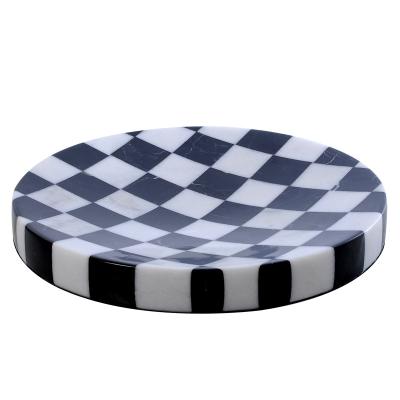 China Europe Natural Stone Round Dish Storage Tray Black And White Checkered Rack Kitchen Accessories Dinner Fruit Around Serving Tary for sale