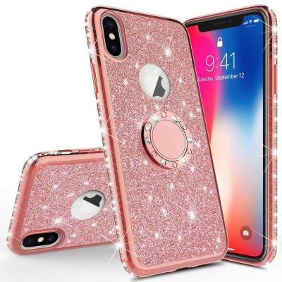 China Diamond Shockproof Phone Case For iPhone 11 Pro XS XR X Max Crystal Glitter Bling Ring Kickstand Max Cover For iPhone 12 7 8 Bumper Case for sale