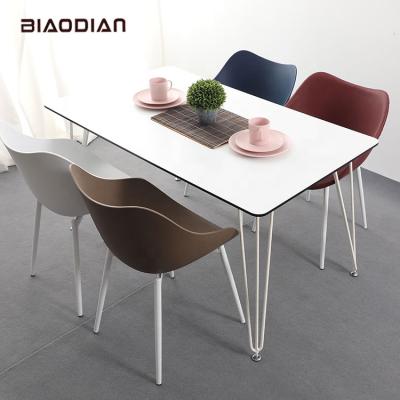 China New Design Convertible Dining Room Furniture Modern White Square Powder Coated Metal Legs MDF Dinner Table Set for sale