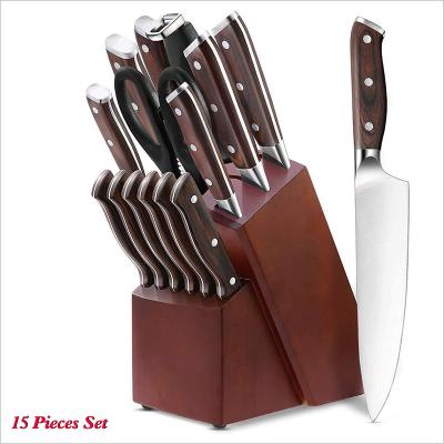 China Viable Kitchen Knife Sets 15pcs Knife Block Set Pakka Wood Handle Kitchen Knife With Wooden Block for sale