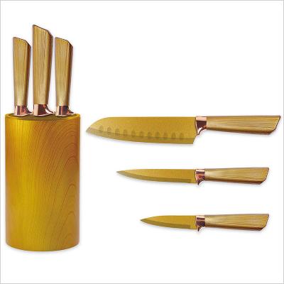 China Viable Kitchen Knife Set With Stand 4pcs Full Gold Color Handle Knife Set Chef Knife Se for sale