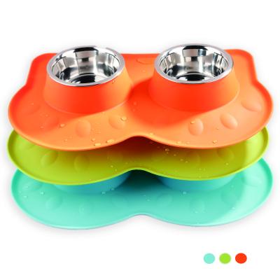 China Pawise Sustainable Dog Bowls Double Stainless Steel Bowls With Non-Skid Removable Silicone Mat for sale