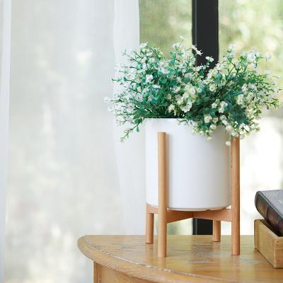 China Wholesale Mid Century Modern Cylinder Joy Living Planter Flower Pots Indoor Ceramic Plant Pot With Wood Plant Stand for sale