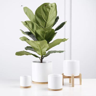 China Europe High Quality Elegant Cylinder Matte White Glazed Ceramic Flower Pot With Bamboo Bases for sale