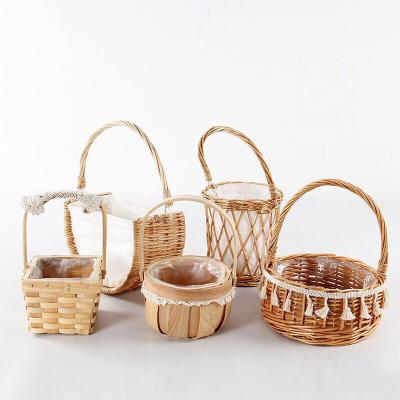 China Portable Basket Arrangement Garden Style Rattan Flower Storage Basket Bamboo Woven Flower Pot Rose Packing for sale