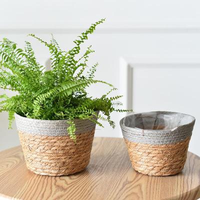 China Garden Style Straw Succulent Potted Plant Flower Pot Seaweed Woven Handmade Crafts Flower Basket for sale