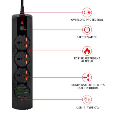 China New Commercial Model 3ac Universal 6USB Power Socket Travel Adapter Plugs Power Strip Extension Surge Protector Extension Cable for sale