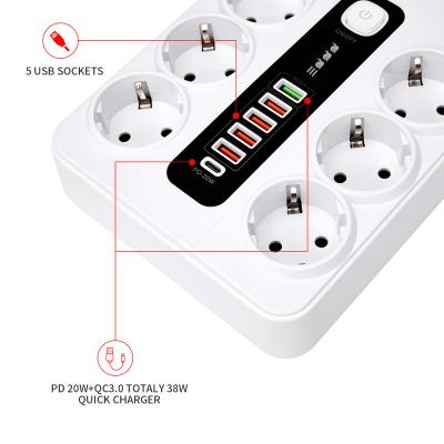 China Commercial Eu 10A power strip with 6ac outlets and overload protection usb c palladium 20w +Qc3.0 18w good quality socket smart switch for sale