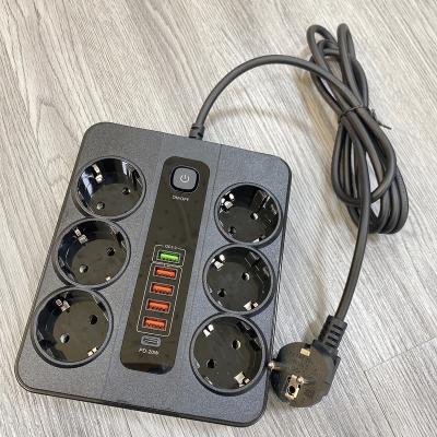 China Commercial PC Socket 10A Eu Power Strip With 6ac Outlets And Overload Protection USB C PD 20w +Qc3.0 18w Good Quality Plug Smart Switch for sale