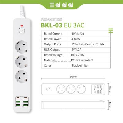 China Commercial European Standard 3 Port Overload Protection 4USB Socket +2Type-c Extension Power Strip Charging Sockets for sale