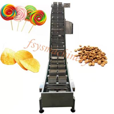 China Inclined Conveying Grains French Fries Beans Ball Slat Chain Pusher Bucket Conveyor For Food Packing Line for sale