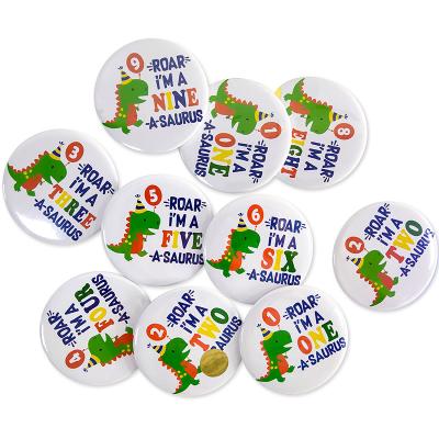 China Custom Round Birthday Badge Dinosaur Party Supplies Tin Metal Metal Birthday Badges For Kids for sale