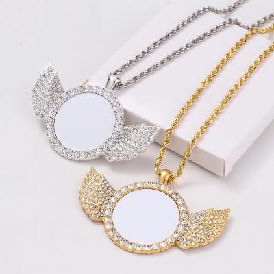 China Hot Sale Romantic Angel Wings Gold Silver Necklace With Diamond Picture Sublimation Jewelry Blanks Diy Pendant for sale