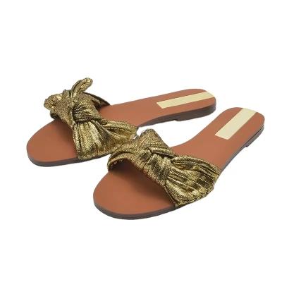 China Light Weight Custom gold wire shiny bow designer sandals for women Elegant Women's flat slippers Luxury women fashion for sale