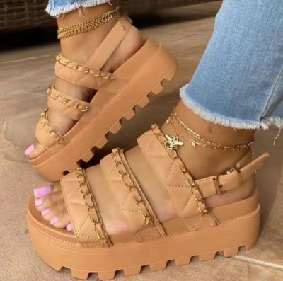 China Fashion Trend New fashion high-heeled sandals Women's sandals with plus-size slippers and chain tan khaki high-heeled platform shoes for sale