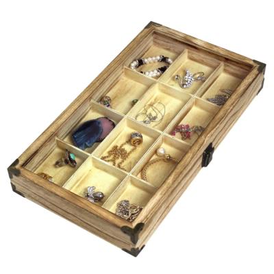 China China Rustic Natural Brown Burnt Wooden 12 Compartment Organizer Jewelry Display Case for sale