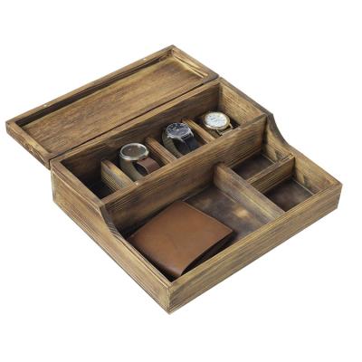 China Brown Rustic Burning Wooden Watch Trolley Box Desktop Watch Case Dresser Valet Tray for sale