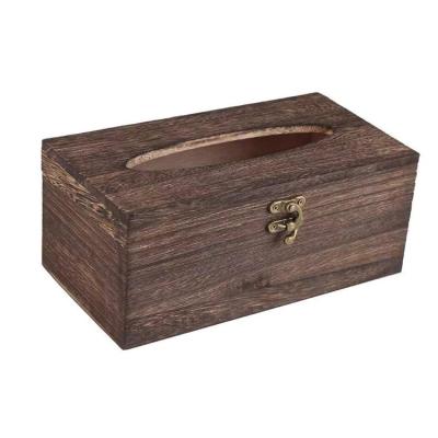 China Eco-Friendly Vintage Farmhouse Rectangle Natural Brown Burnt Solid Pine Wood Tissue Box for sale