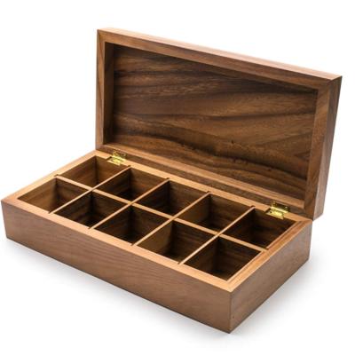 China Disposable Vintage Rectangle 10 Compartments Natural Brown Acacia Wooden Luxury Tea Box for sale