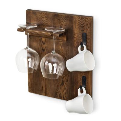 China Sustainable Dark Brown Burnt Wood Wall Mounted Wine Glass Rack Holder With Metal Coffee Cup Hooks for sale