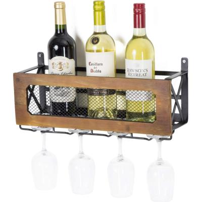 China Wrougt Wooden Wine Bottle Display Rack Custom Decorative Viable Iron Wall Mounted With Wine Glass Cups Rack for sale