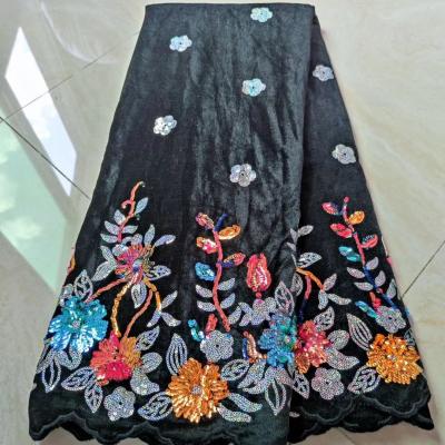 China New Viable Dark Red Nigerian Women Velvet Lace Fabric Flocking Sequins for sale