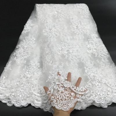 China Sustainable Handmade White Wedding Lace Fabric 3d Beaded Embroidered By Yards for sale