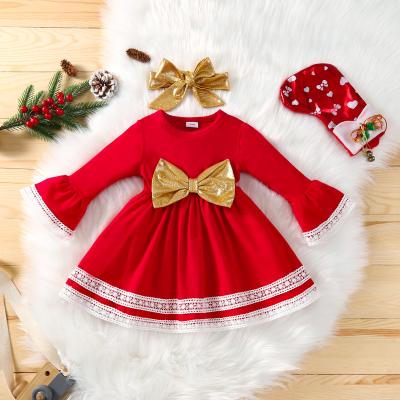 China Autumn Red Two-Piece Set Designer Breathable Bow Clothes Kids Head Long Sleeve Baby Exquisite Dress for sale