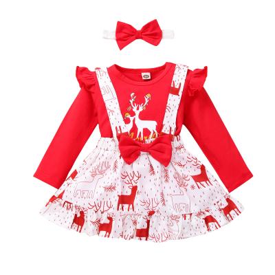 China New 100% Cotton Fashion Babies Christmas Outfits New Year Long Sleeve Top + Red Skirt + Headband Three Piece Set for sale