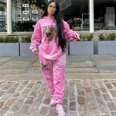 China Breathable Thick Velvet Women's Positioning Print Tie Dye Hooded Casual Women Track Sweated Joggers Suits Set for sale