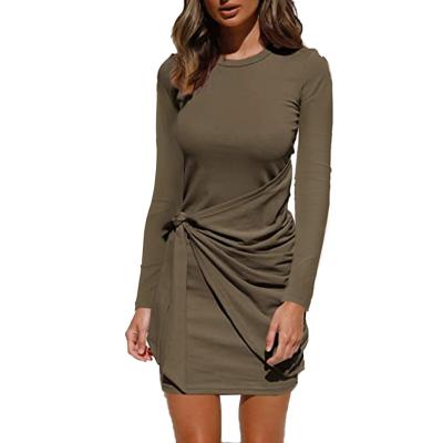 China Fashion Anti-pilling Maxi Elegant Women Dress Formal Pleated Tie Tied Long Sleeves Dresses for sale