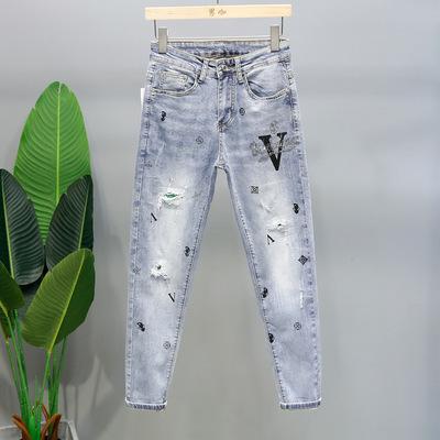 China QUICK DRY brand ironed printing new men's diamond jeans summer thin holes patch nine cent jeans for sale