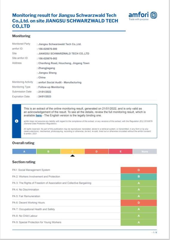 BSCI - Jiangsu Schwarzwald Tech Co., Ltd.