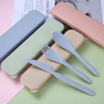 China School Workplace Environmental Friendly Sustainable Disposable Outdoor Daily Utensil 3 Sets With Case Spoon Knife Fork Wheat Straw Cutlery for sale