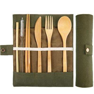 China Wooden Reusable Bamboo Brush Eco-Friendly Disposable Spoon Fork Knife Chopstic Straw Travel Cutlery Set For Outdoor Kids Adults With Case for sale