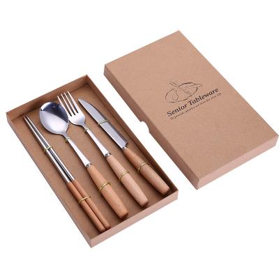 China 4 Pieces Wooden Handle Stainless Steel Viable Mirror Polished Cutlery Set Flatware Set Knife Fork Spoon Chopsticks for sale