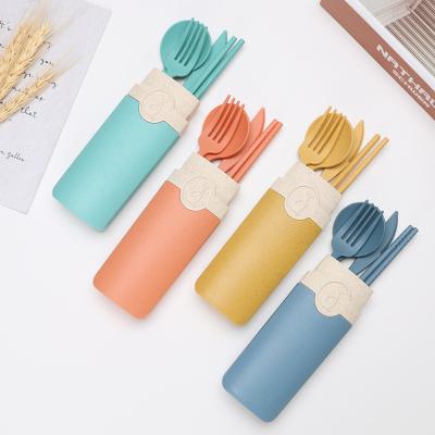 China Disposable Portable Daily Wheat Straw Flatware BPA Free Travel Camping Picnic School Office Use Spoon Knife Chopsticks Set With Case for sale