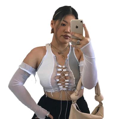 China New Design Anti-Shrink Crop Tops Pin Hollow Out Irregularity Safety Casual Fitness Stich Crop Top Shirt for sale