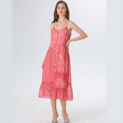 China Custom Made Breathable V Neckline Factory Chiffon Floral Print Sleeveless Floral Print Summer Long Dress for sale