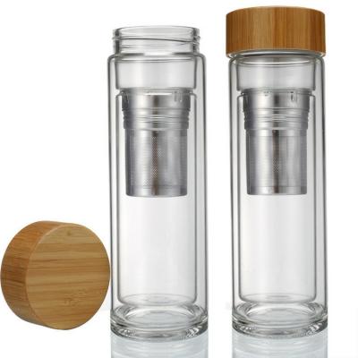 China New PORTABLE Bamboo Wood Cup Creative Double-Layer Glass Cover Water Cover Fashion High Borosilicate Tea Cup With Tea Leakage for sale