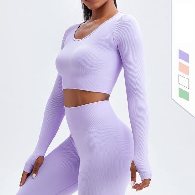 China Wholesale Breathable Solid Sportswear Fitness Running Workout Clothes Two Piece Long Navel Yoga Set For Women for sale