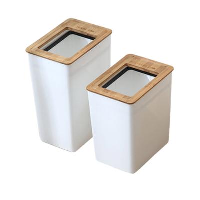 China Large Sustainable Rectangular Plastic Waste Bin Waste Container Bin With Open Bamboo Lid For Office for sale