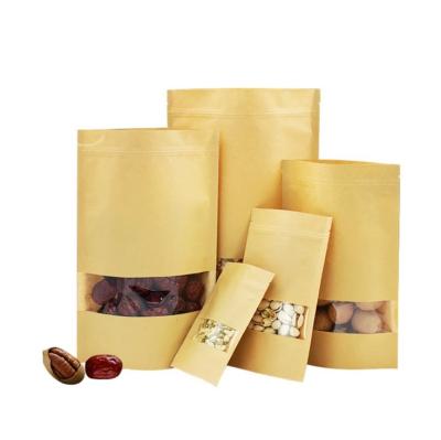 China Factory Wholesale Food Packaging Doypack Handmade Stand Up Pouch Plain Brown Kraft Paper Bag With Clear Window And Zip Lock For Tea Snack for sale