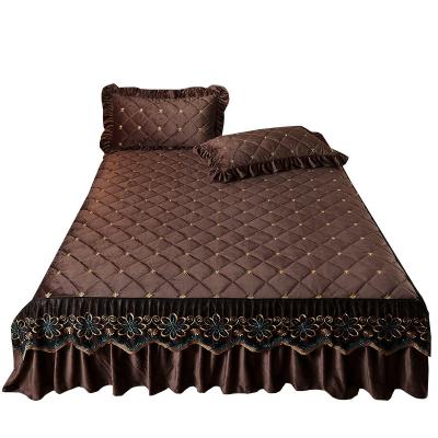 China Simple Luxury Plush Embroidery Bedspread Thicken Plush Quilted Warm Soft King Size Bed Cover Bedskirt Winter Velvet for sale