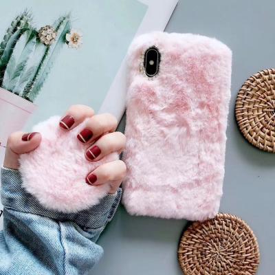 China Cute Fluffy Anti-fall Fur Mirror Phone Case For iPhone 12 Pro Max Girls Shockproof Bumper Kickstand Cover for sale